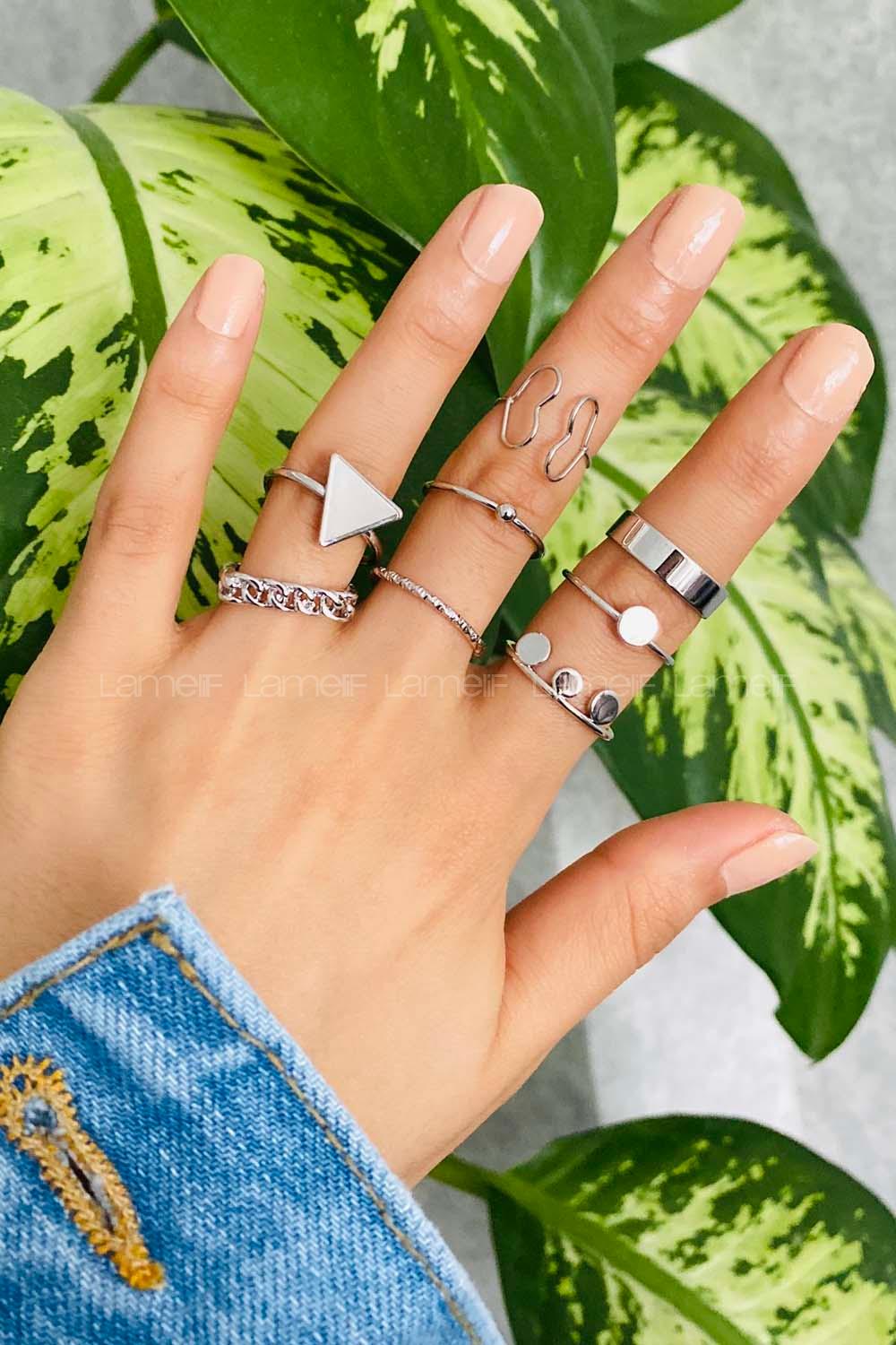 Modalamelif 8li Set Gümüş Geometrik Detay Eklem Yüzük