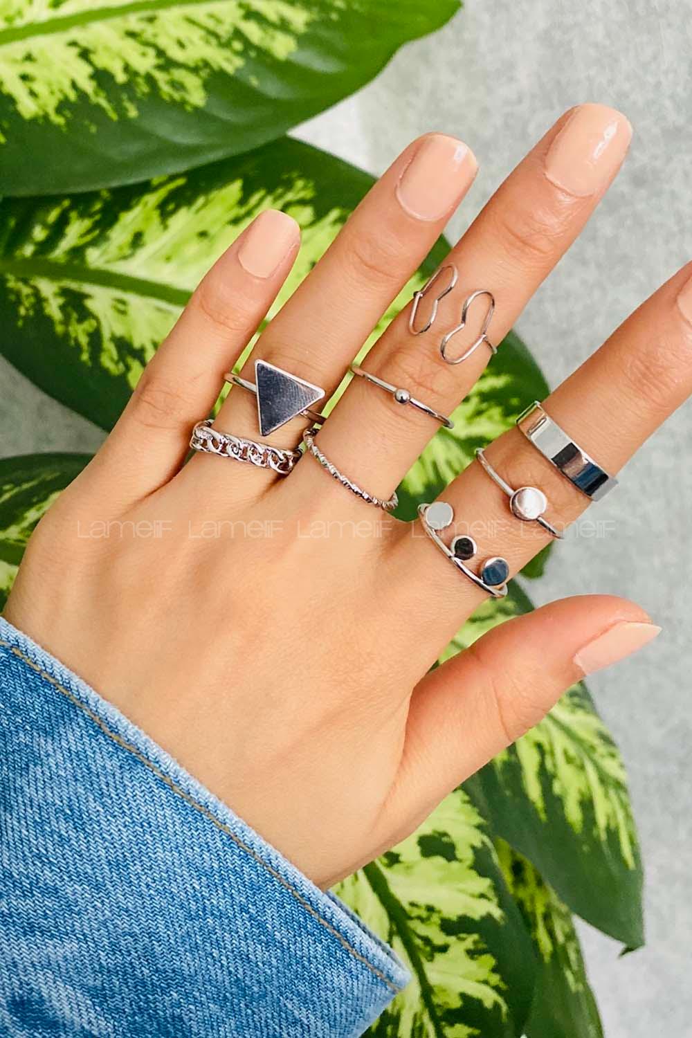 Modalamelif 8li Set Gümüş Geometrik Detay Eklem Yüzük