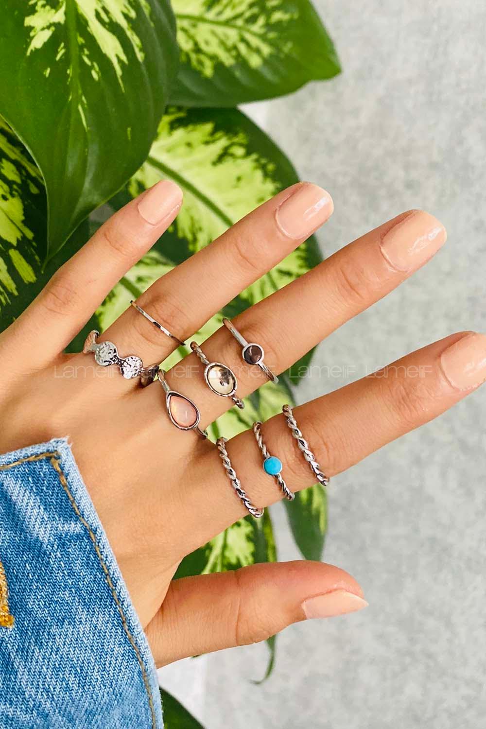 Modalamelif 8li Set Gümüş Özel Taşlı Eklem Yüzük