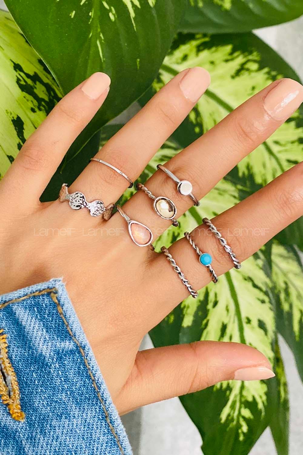 Modalamelif 8li Set Gümüş Özel Taşlı Eklem Yüzük