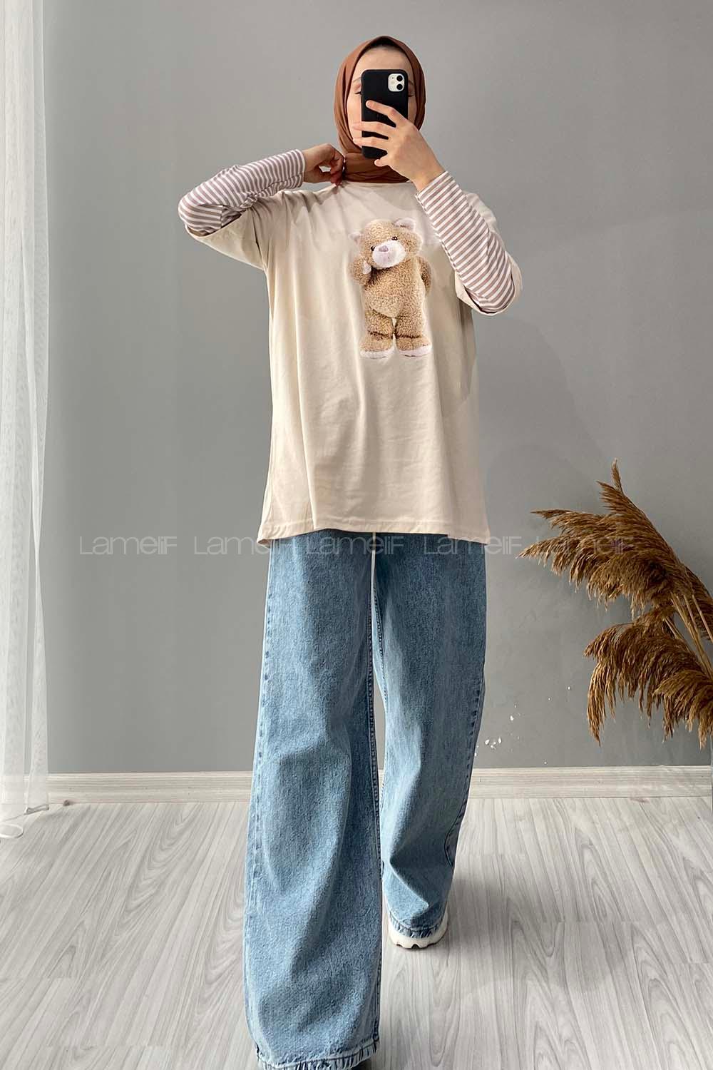 Modalamelif Ayıcık Baskılı Oversize T-Shirt Krem