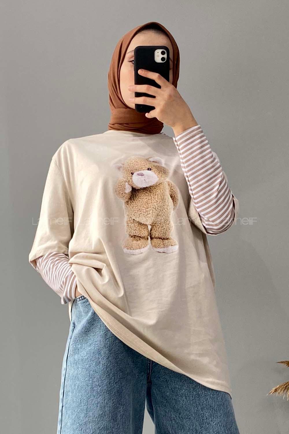 Modalamelif Ayıcık Baskılı Oversize T-Shirt Krem