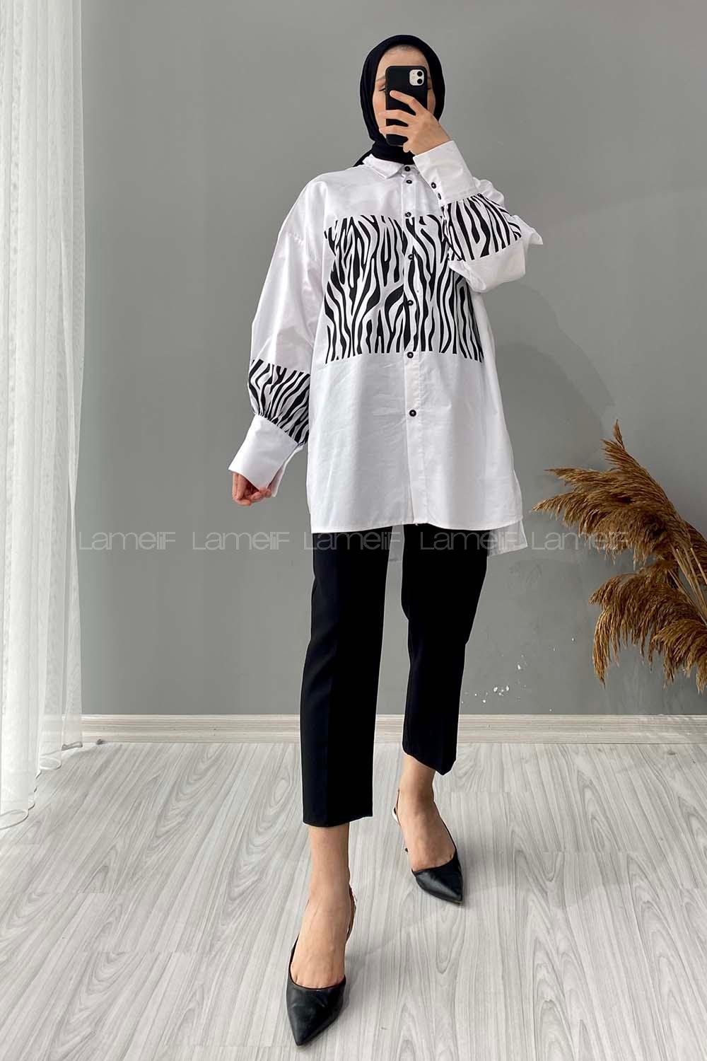 Modalamelif  Balon Kol Zebra Desen Tunik Ekru