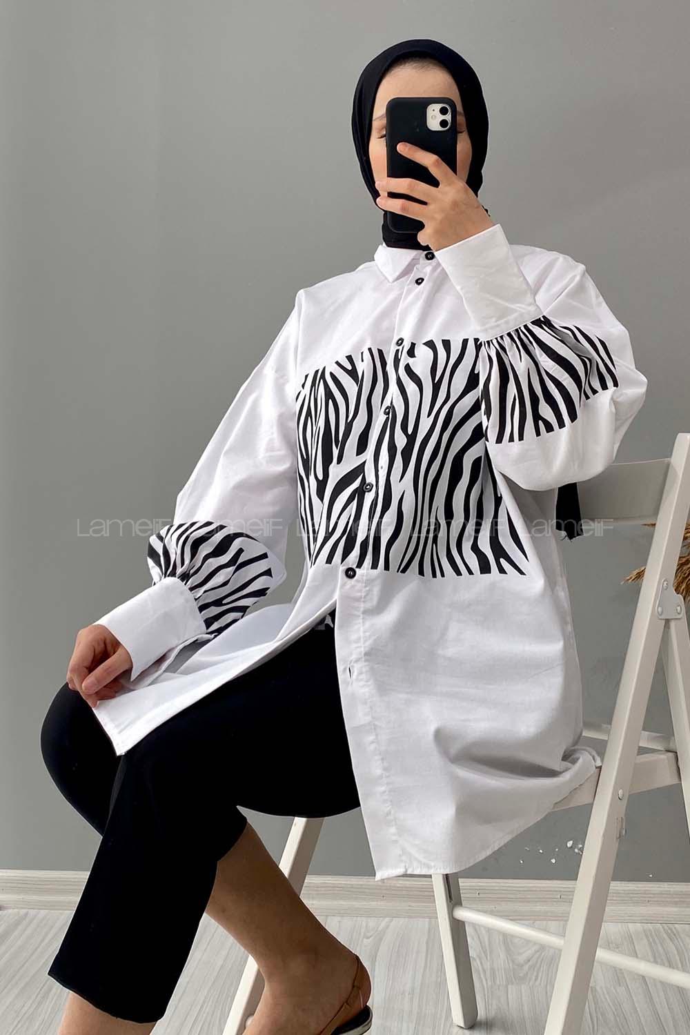 Modalamelif  Balon Kol Zebra Desen Tunik Ekru