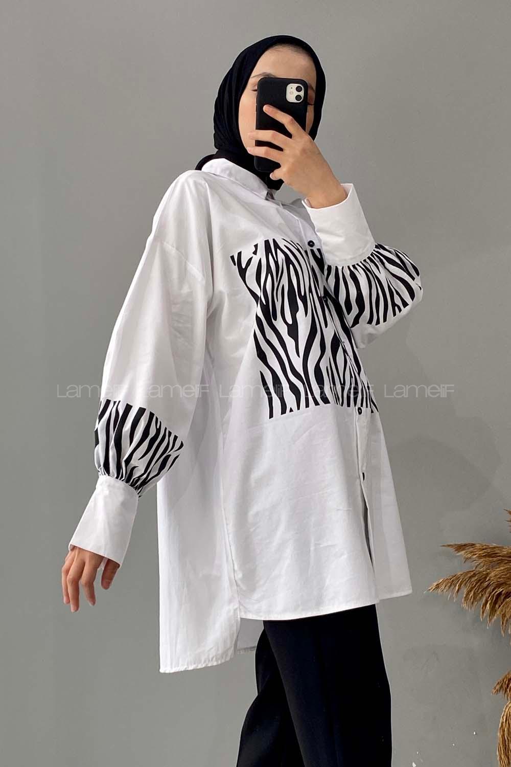 Modalamelif  Balon Kol Zebra Desen Tunik Ekru