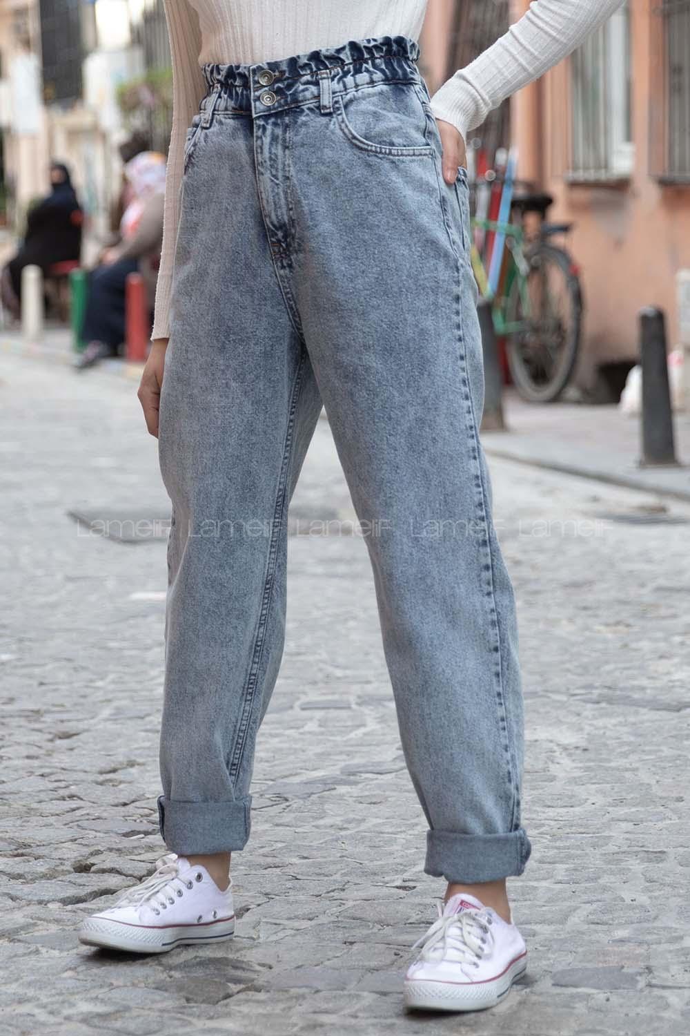 Modalamelif  Beli Lastikli Kar Yıkamalı Jean Buz Mavisi