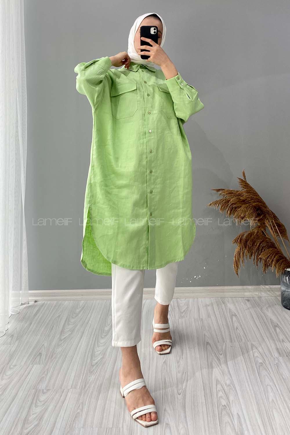 Modalamelif Çift Detaylı Uzun Tunik Çağla Yeşili