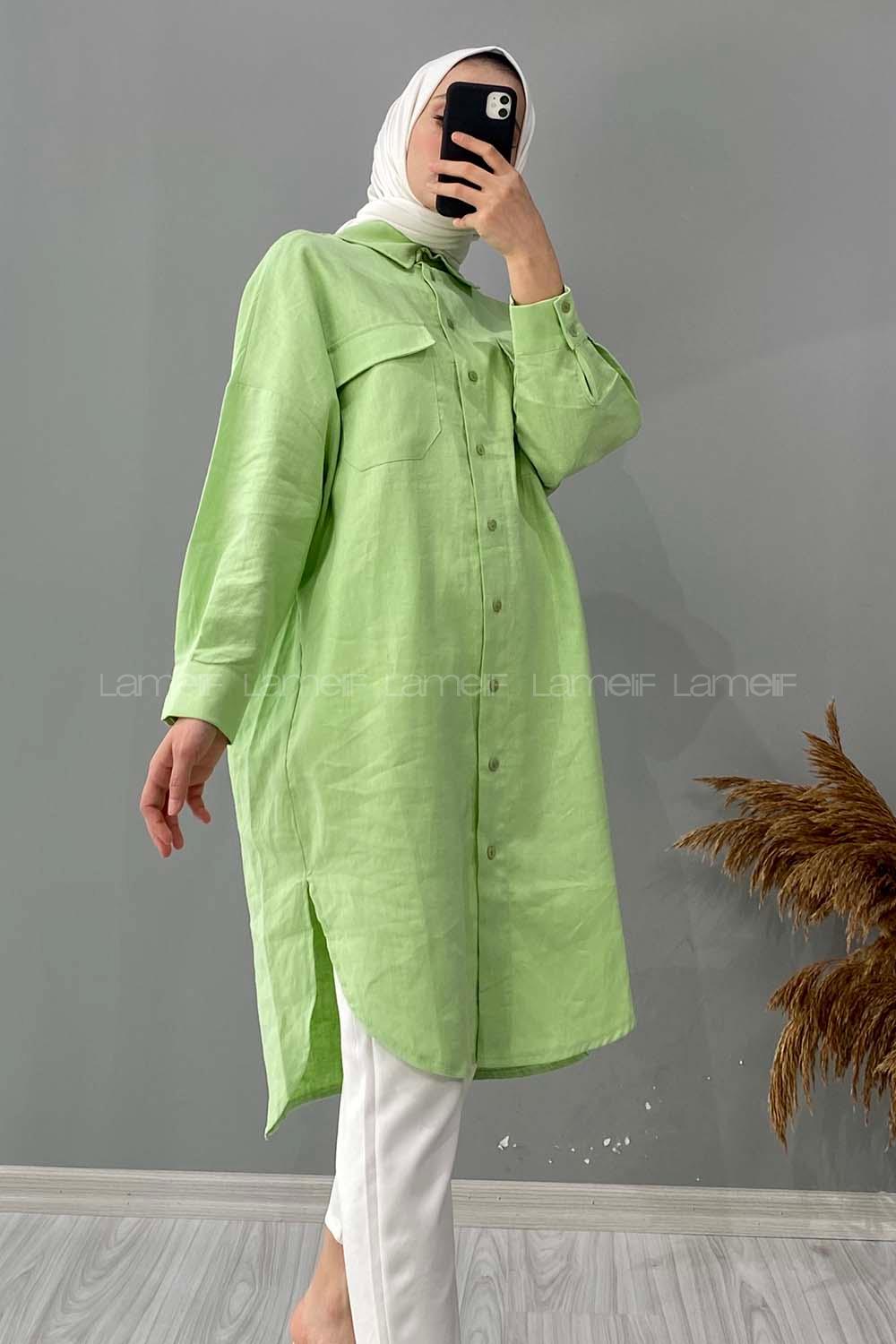 Modalamelif Çift Detaylı Uzun Tunik Çağla Yeşili