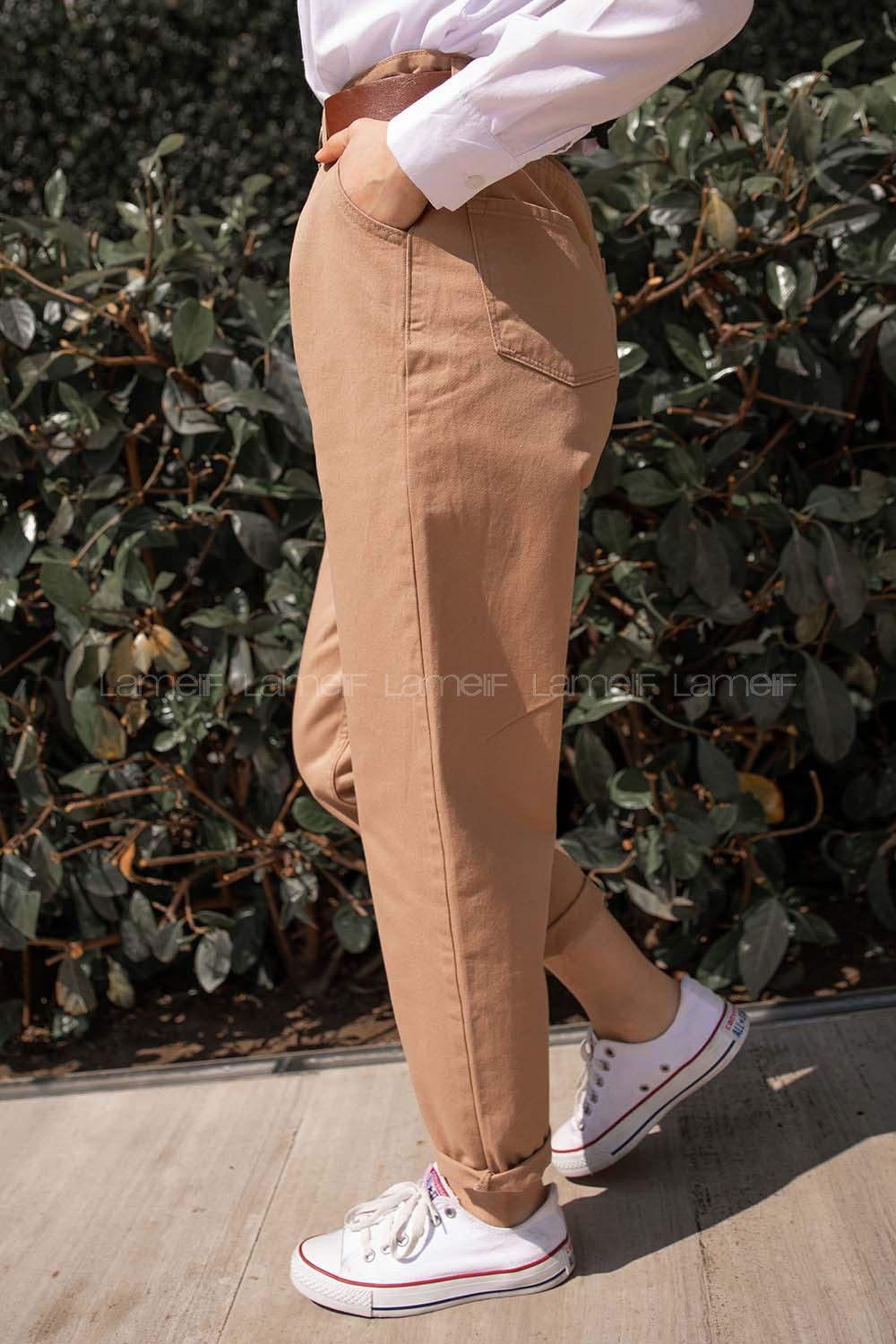 Modalamelif Deri Kemerli Pensli Gabardin Pantolon Camel