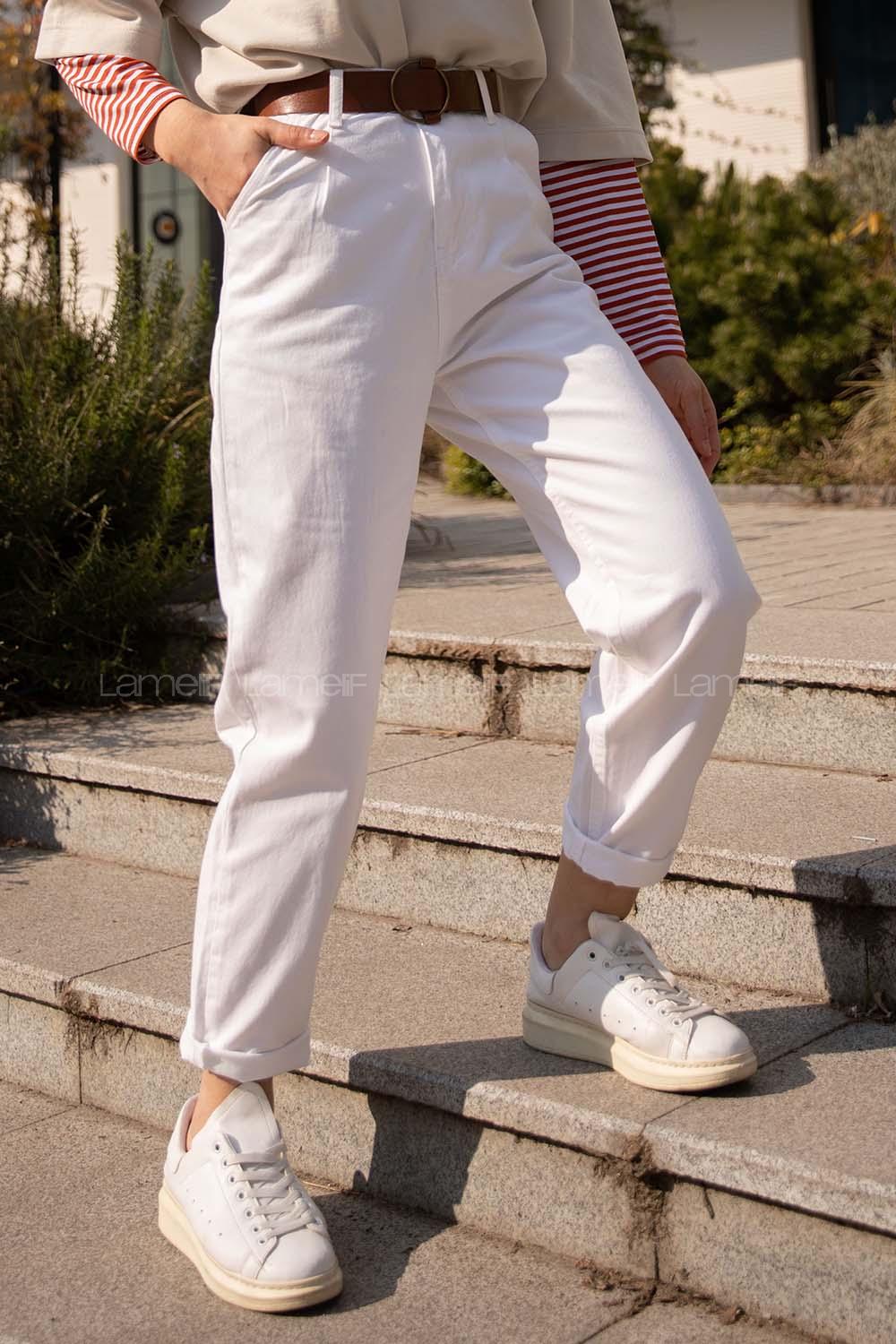 Modalamelif Deri Kemerli Pensli Gabardin Pantolon Beyaz