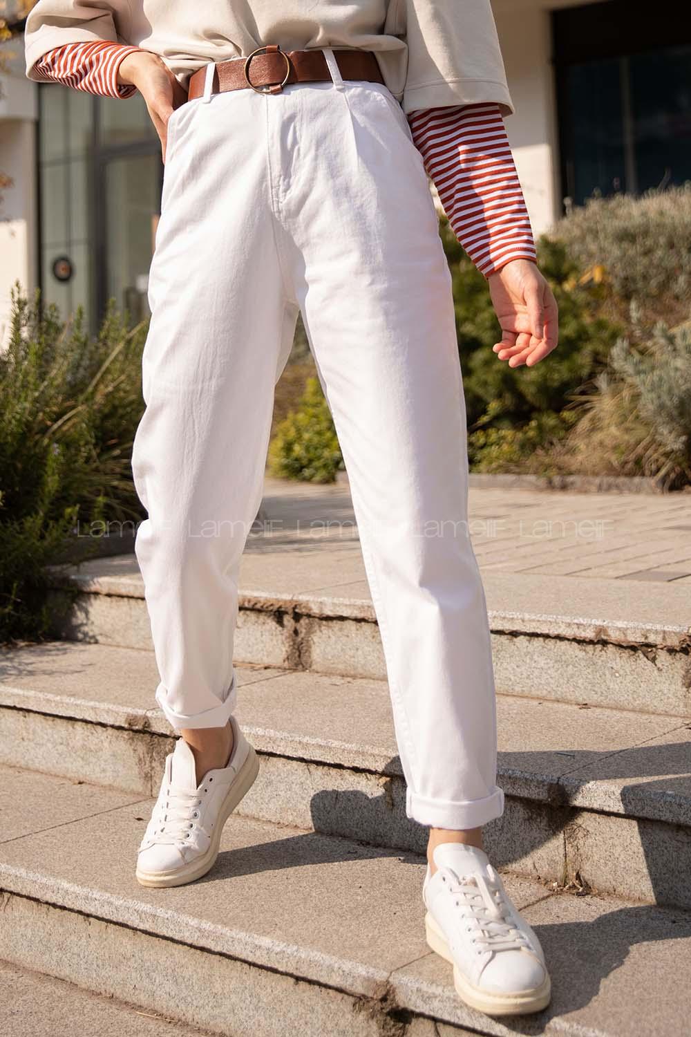 Modalamelif Deri Kemerli Pensli Gabardin Pantolon Beyaz