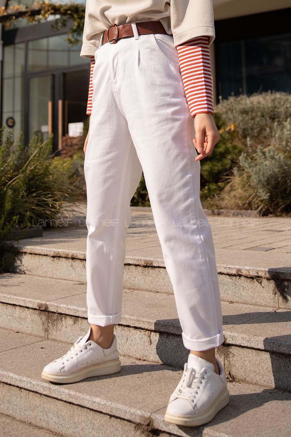 Modalamelif Deri Kemerli Pensli Gabardin Pantolon Beyaz