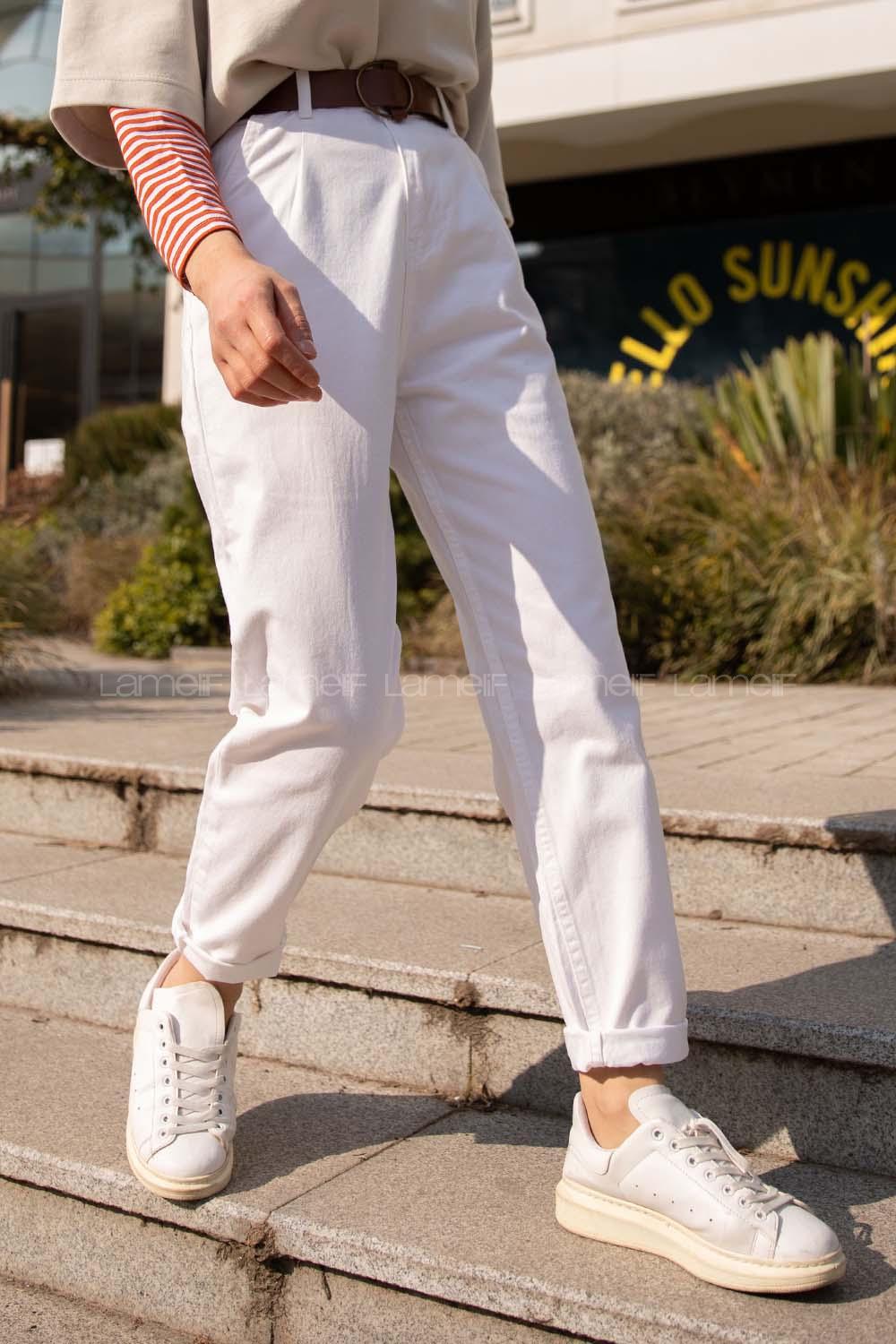 Modalamelif Deri Kemerli Pensli Gabardin Pantolon Beyaz