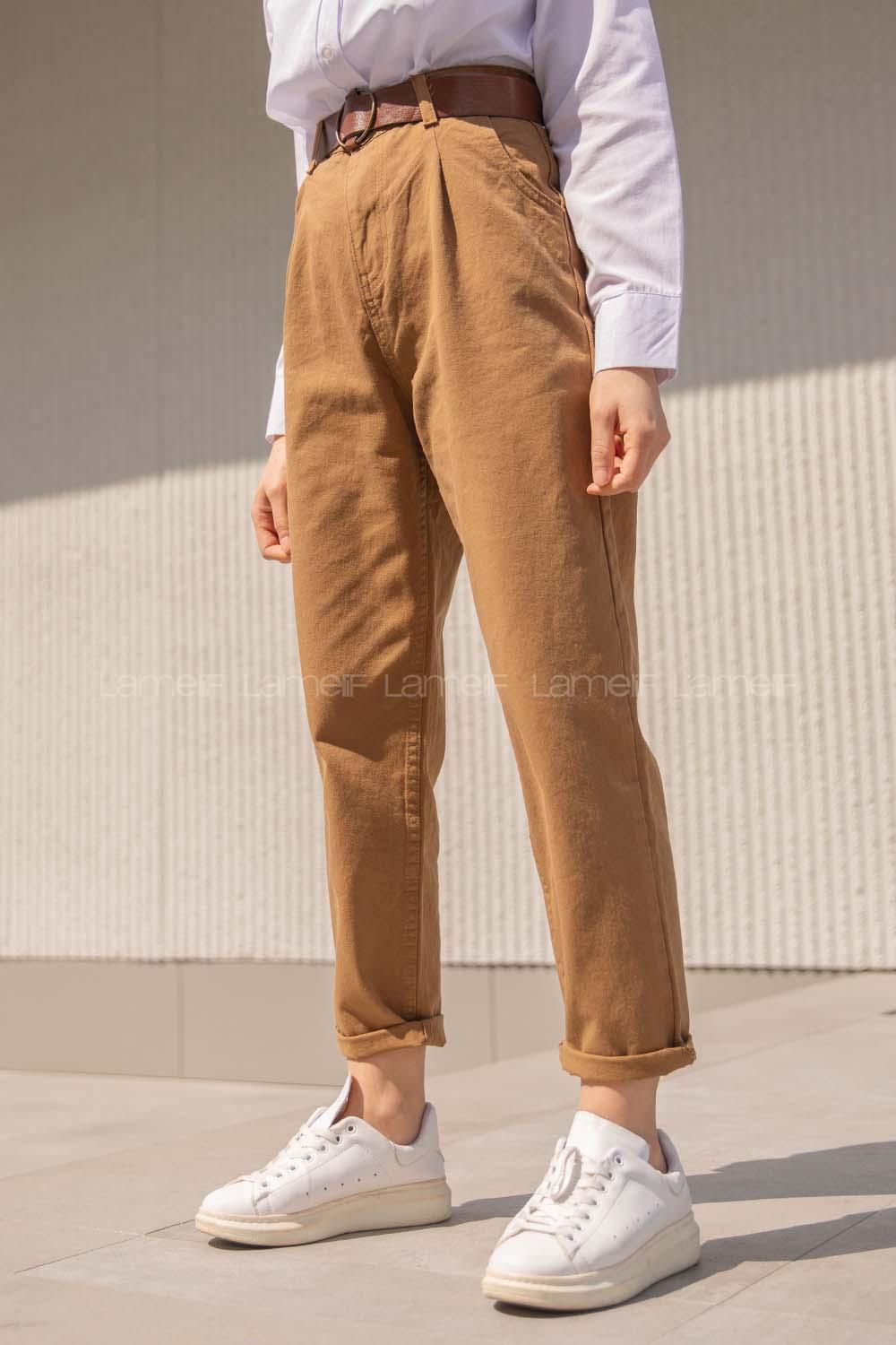 Modalamelif Deri Kemerli Pensli Gabardin Pantolon Taba