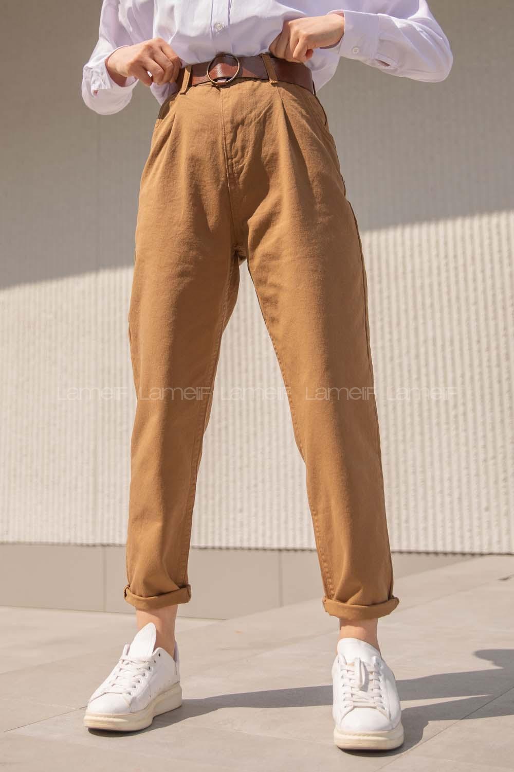 Modalamelif Deri Kemerli Pensli Gabardin Pantolon Taba