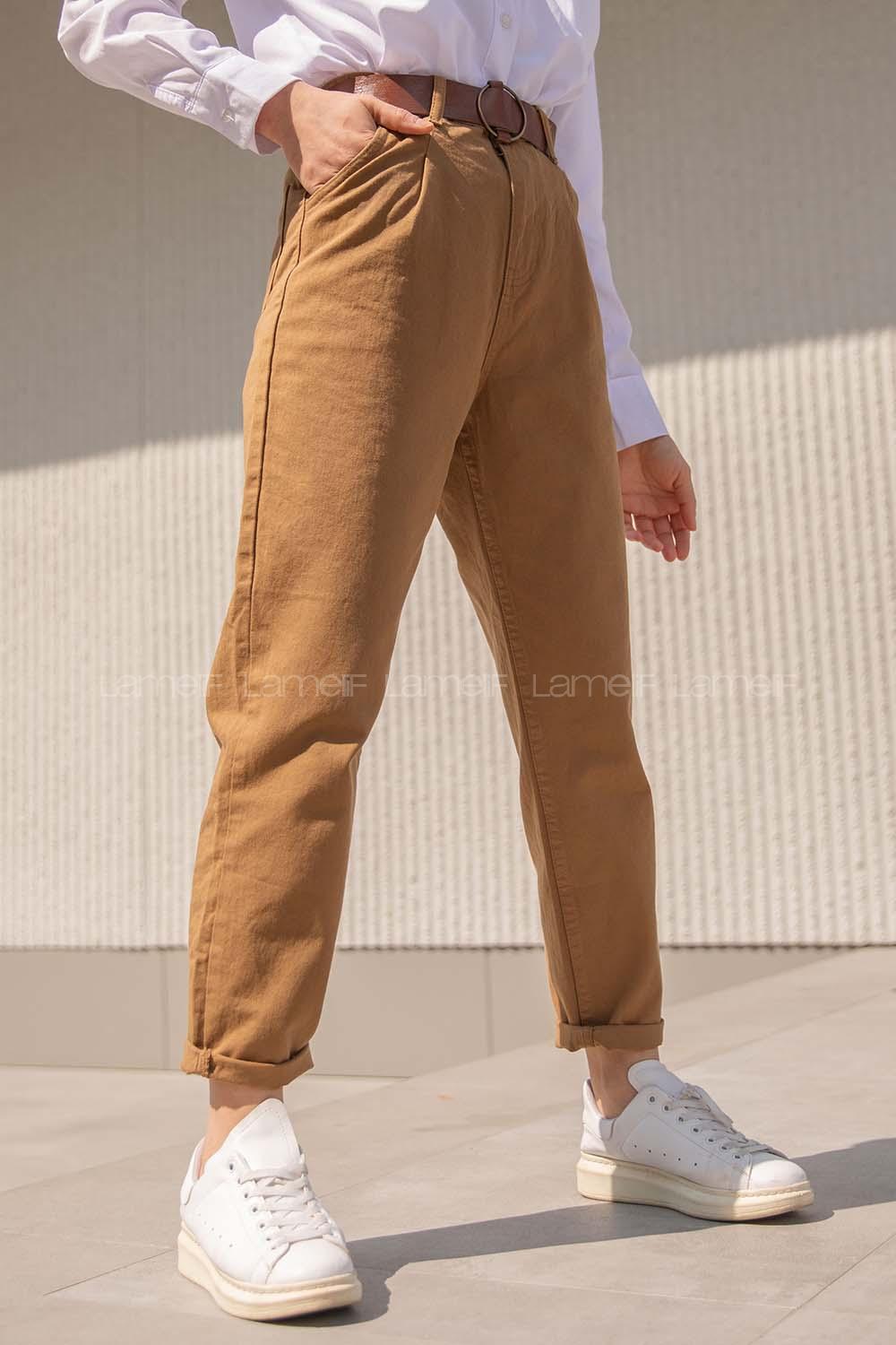 Modalamelif Deri Kemerli Pensli Gabardin Pantolon Taba