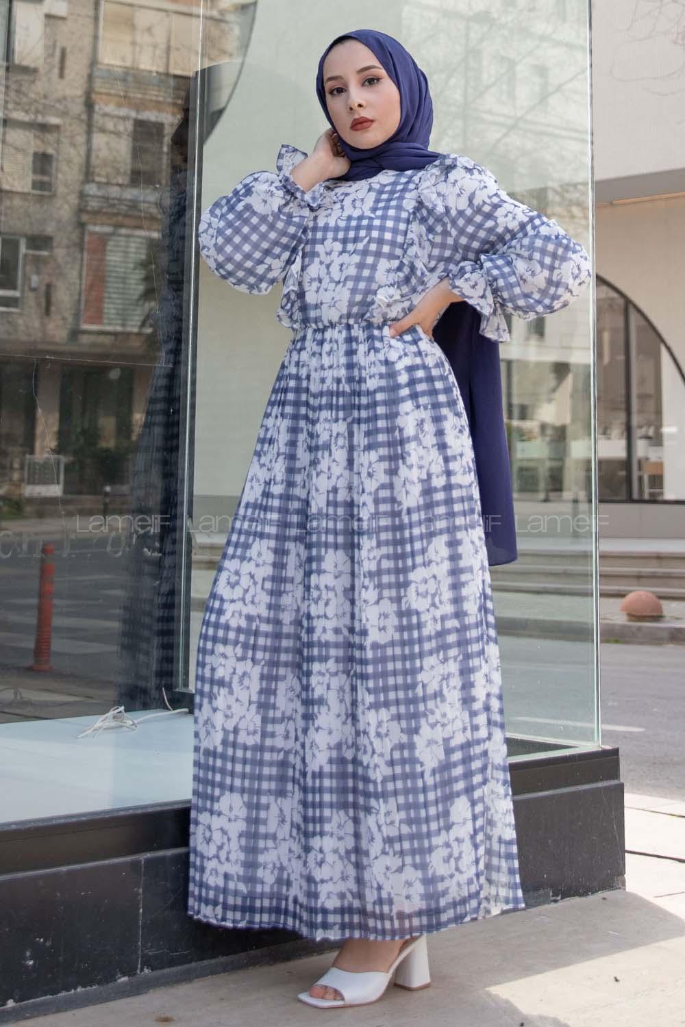 Modalamelif Ekose Desenli Astarlı Şifon Elbise Lacivert