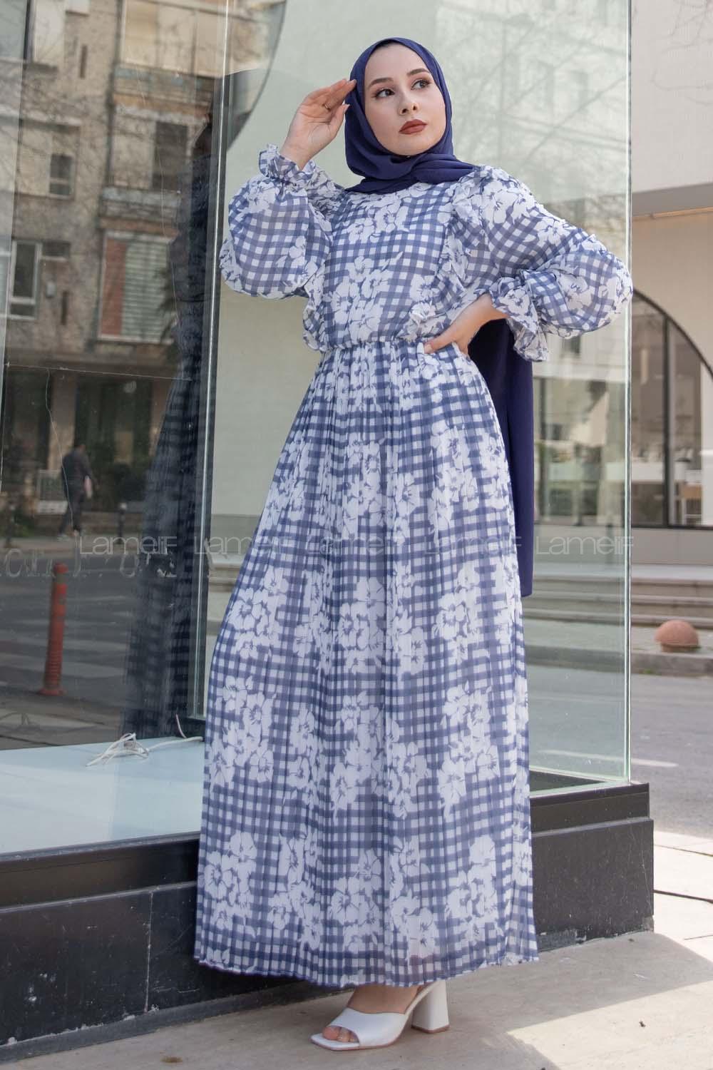 Modalamelif Ekose Desenli Astarlı Şifon Elbise Lacivert