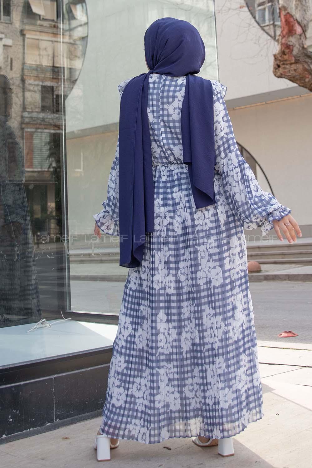 Modalamelif Ekose Desenli Astarlı Şifon Elbise Lacivert
