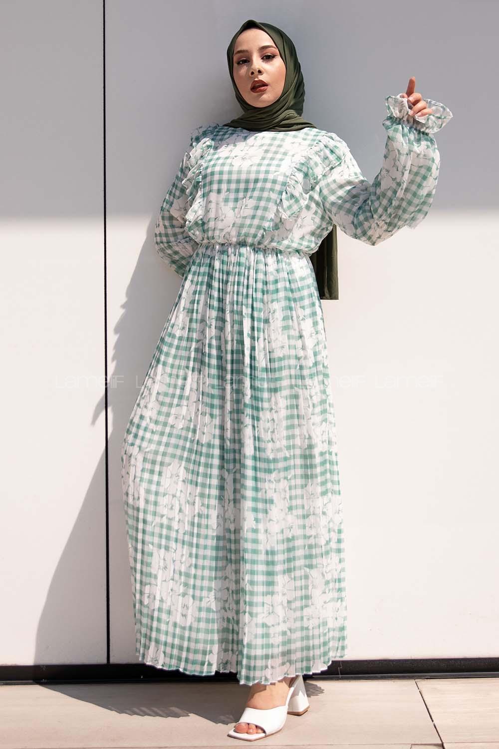 Modalamelif Ekose Desenli Astarlı Şifon Elbise Yeşil