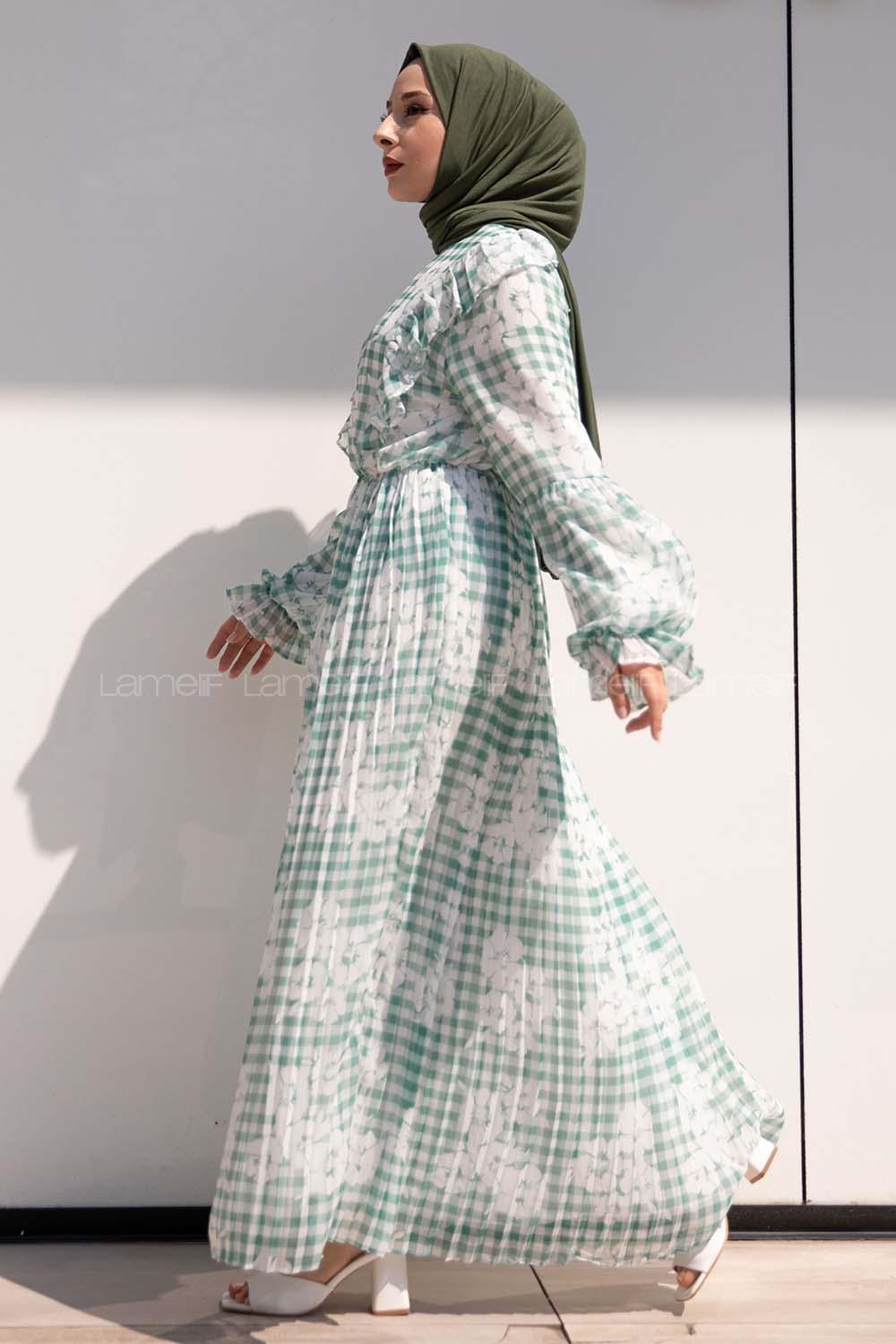 Modalamelif Ekose Desenli Astarlı Şifon Elbise Yeşil