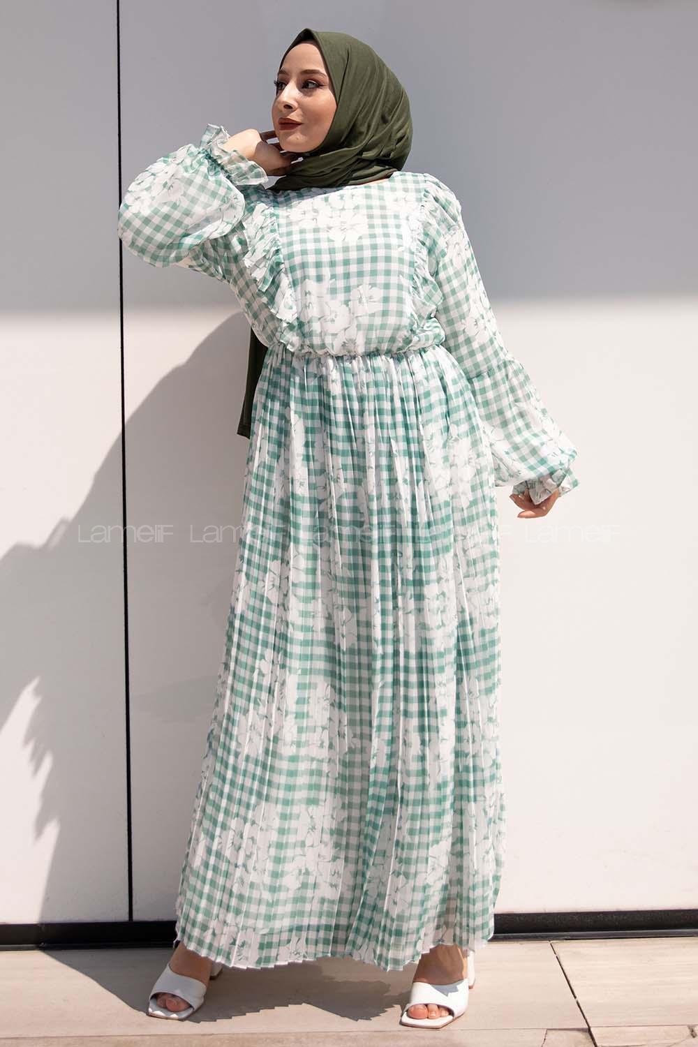 Modalamelif Ekose Desenli Astarlı Şifon Elbise Yeşil