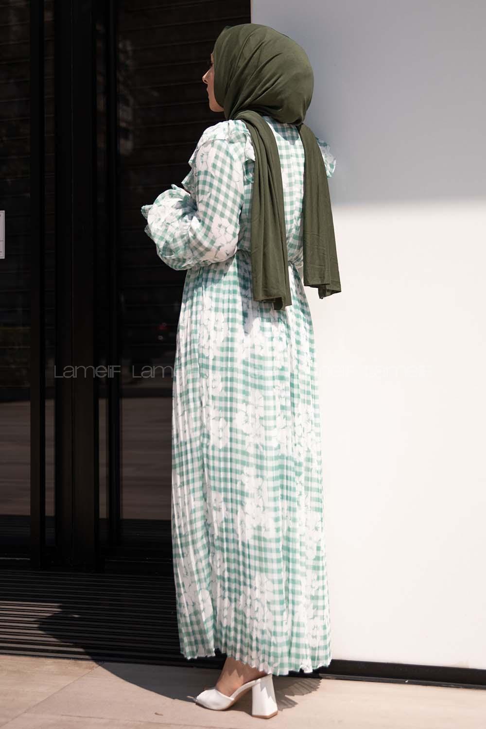 Modalamelif Ekose Desenli Astarlı Şifon Elbise Yeşil