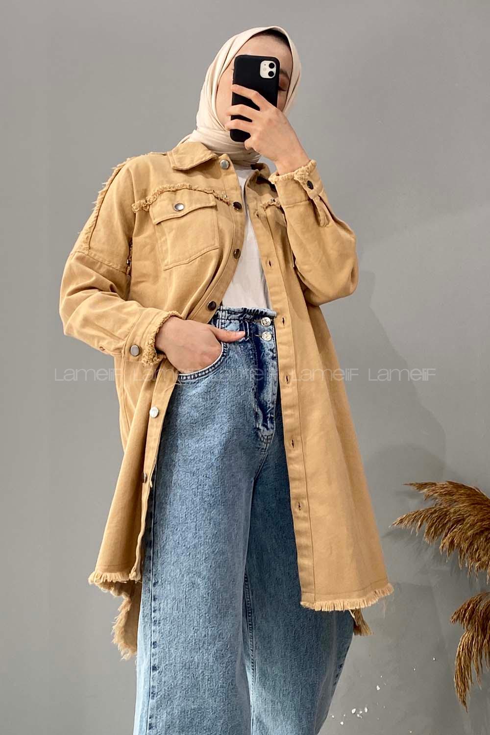 Modalamelif Etek Ucu Püsküllü Rivetli Kot Ceket Camel