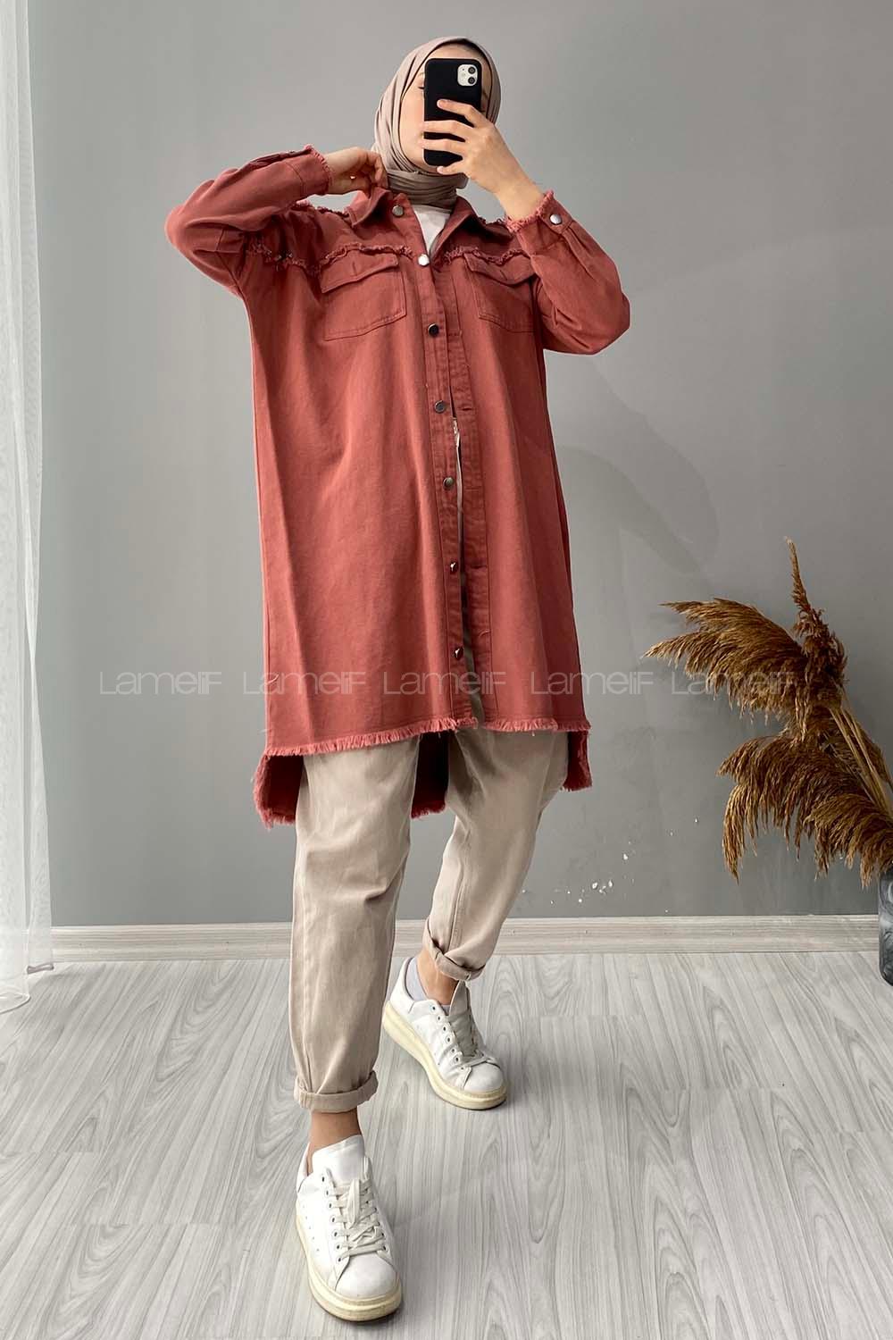 Modalamelif Etek Ucu Püsküllü Rivetli Kot Ceket Gül