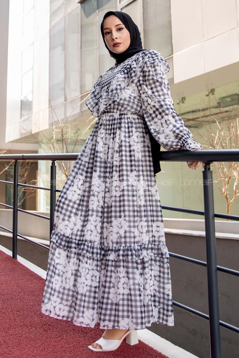 Modalamelif Fırfır Desenli Astarlı Şifon Elbise Siyah