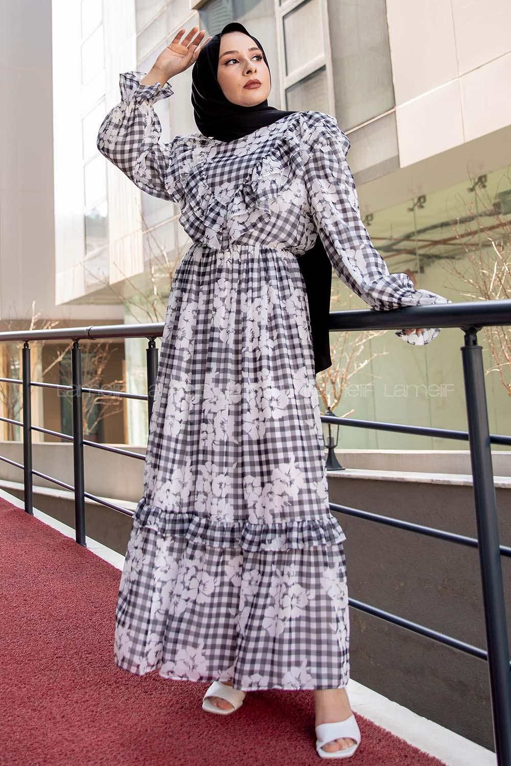 Modalamelif Fırfır Desenli Astarlı Şifon Elbise Siyah