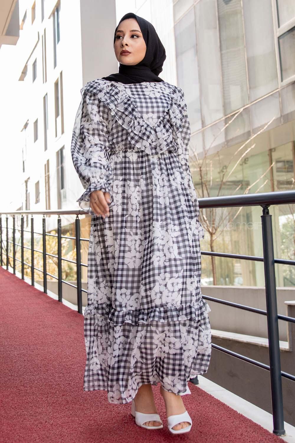 Modalamelif Fırfır Desenli Astarlı Şifon Elbise Siyah