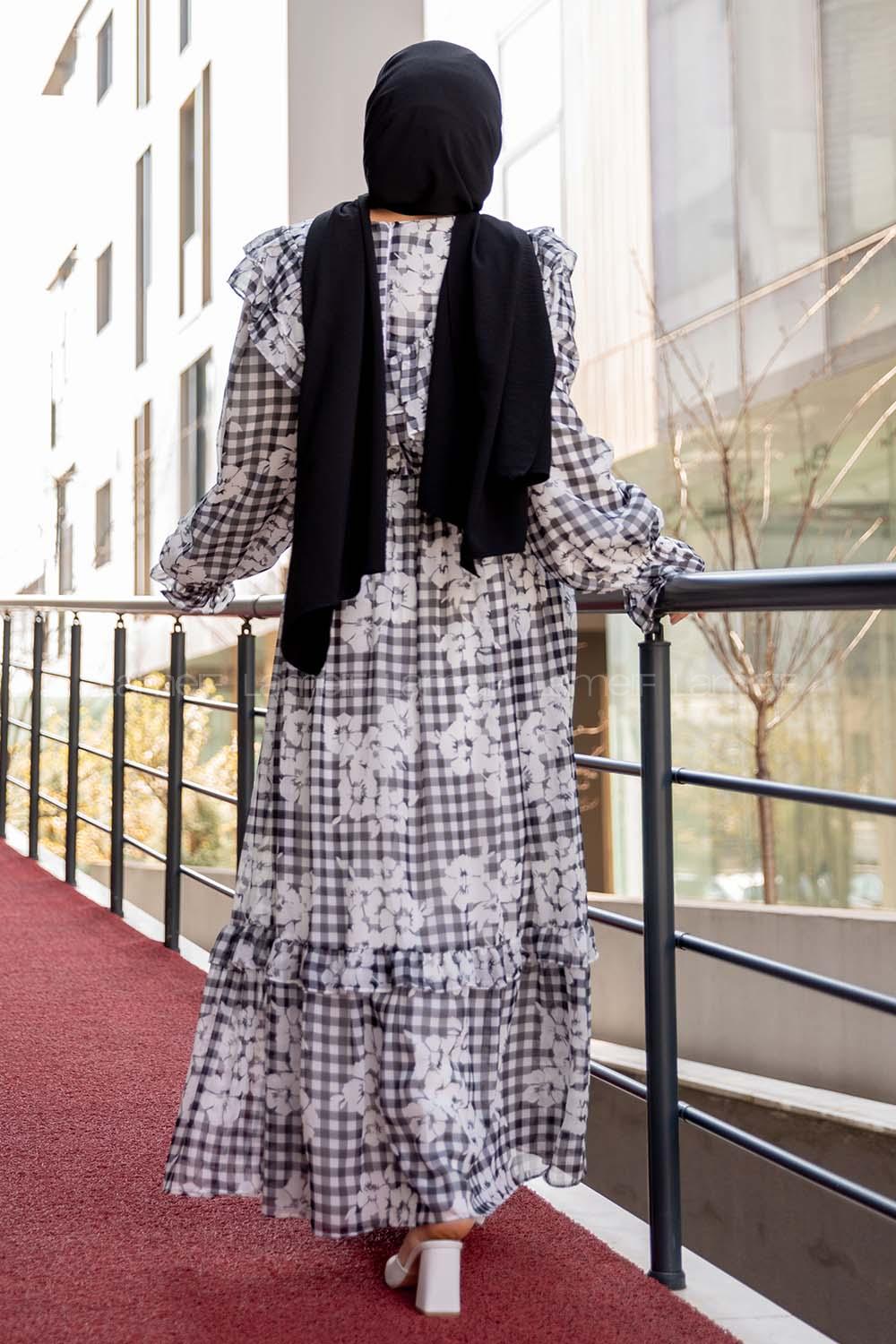 Modalamelif Fırfır Desenli Astarlı Şifon Elbise Siyah