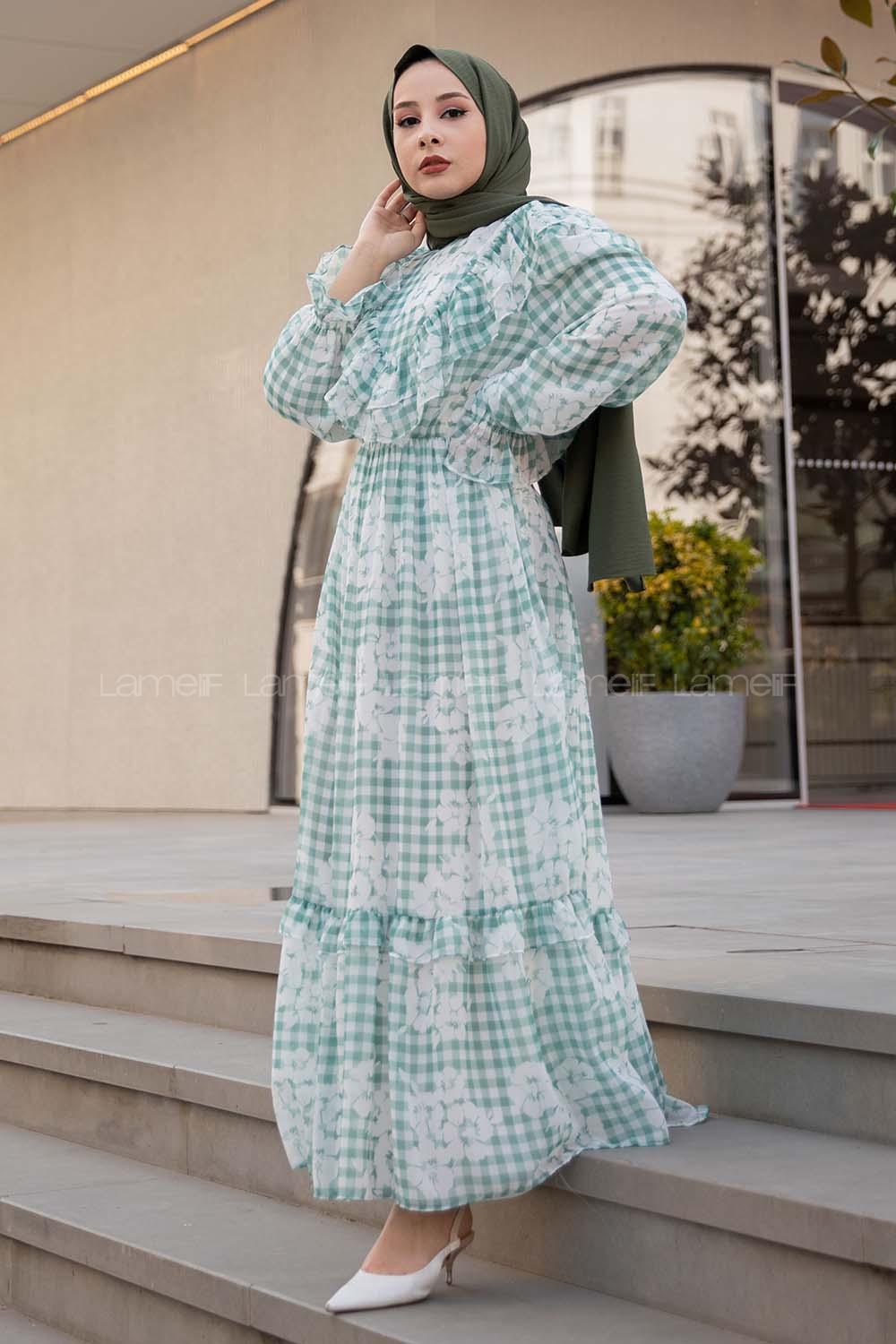 Modalamelif Fırfır Desenli Astarlı Şifon Elbise Yeşil