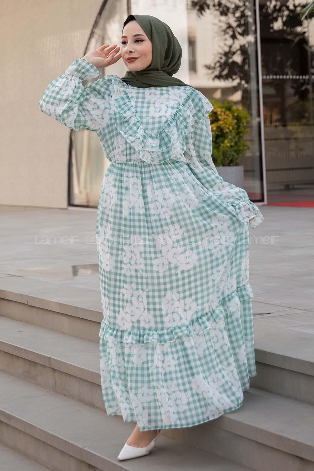 Modalamelif Fırfır Desenli Astarlı Şifon Elbise Yeşil