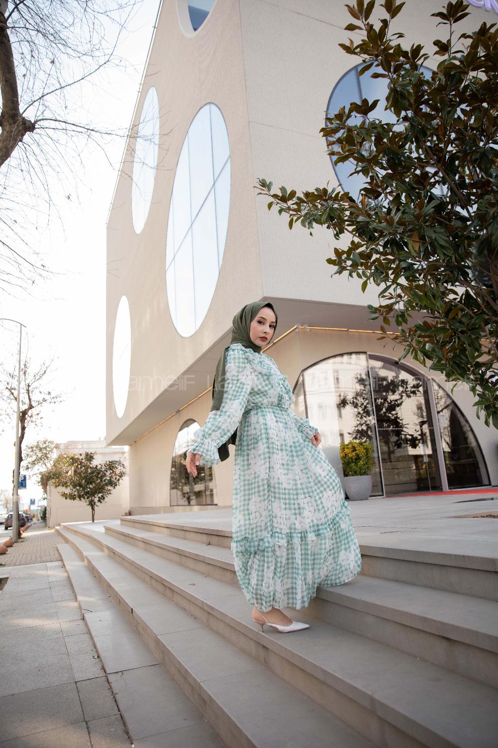 Modalamelif Fırfır Desenli Astarlı Şifon Elbise Yeşil