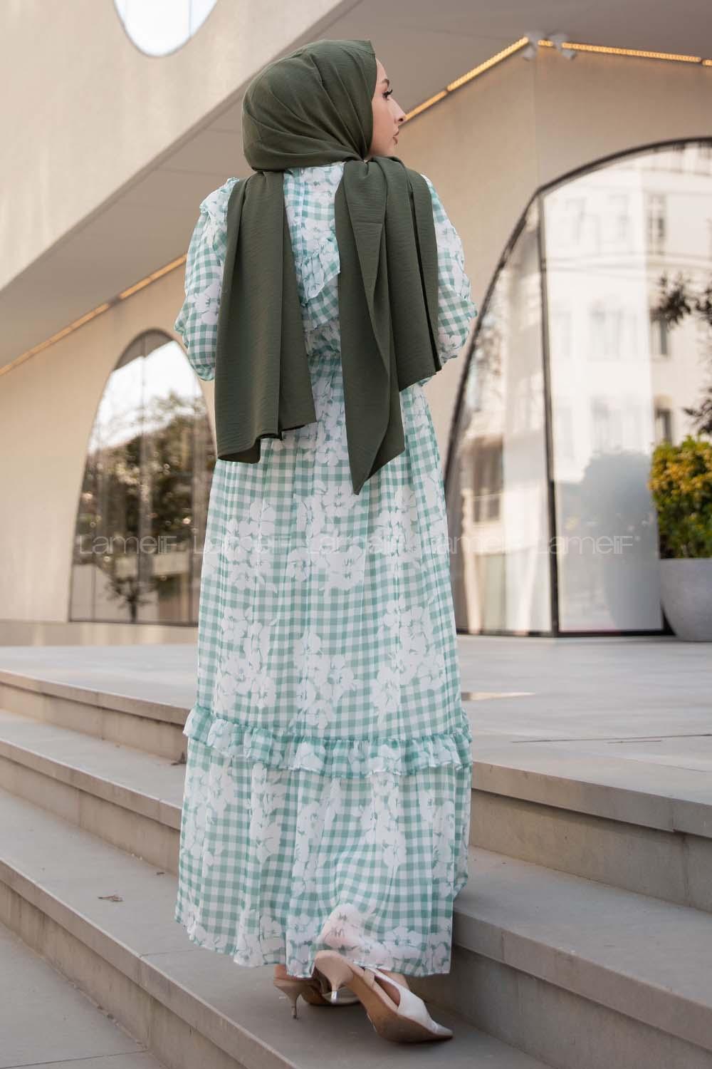 Modalamelif Fırfır Desenli Astarlı Şifon Elbise Yeşil