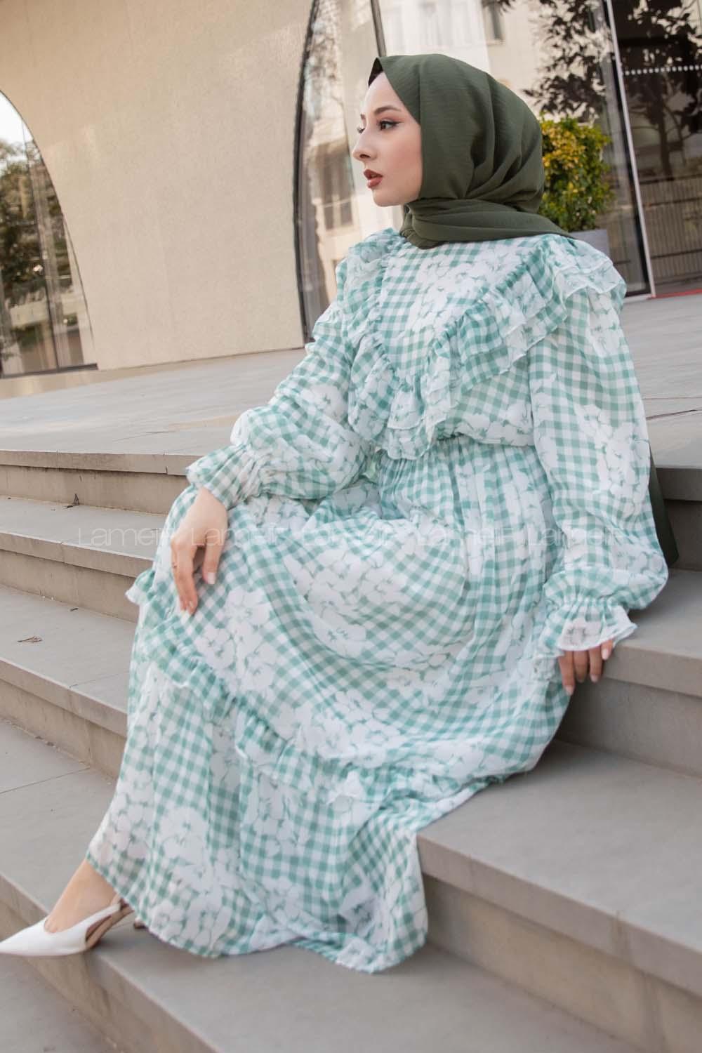 Modalamelif Fırfır Desenli Astarlı Şifon Elbise Yeşil