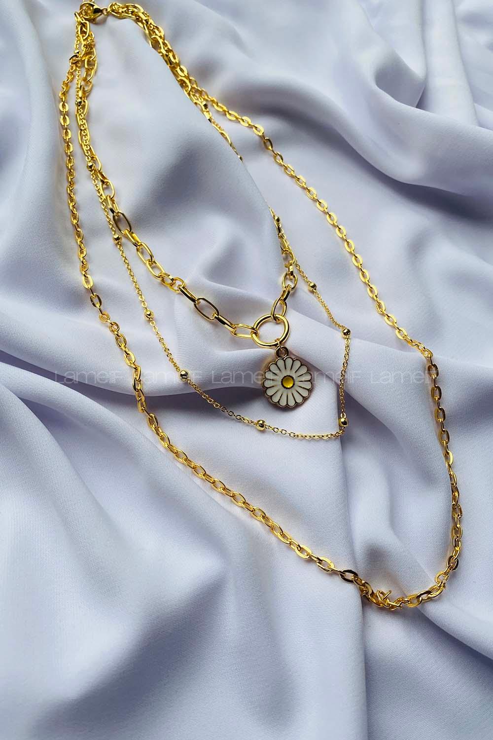 Modalamelif Gold 3lü Zincir Papatya Kolye