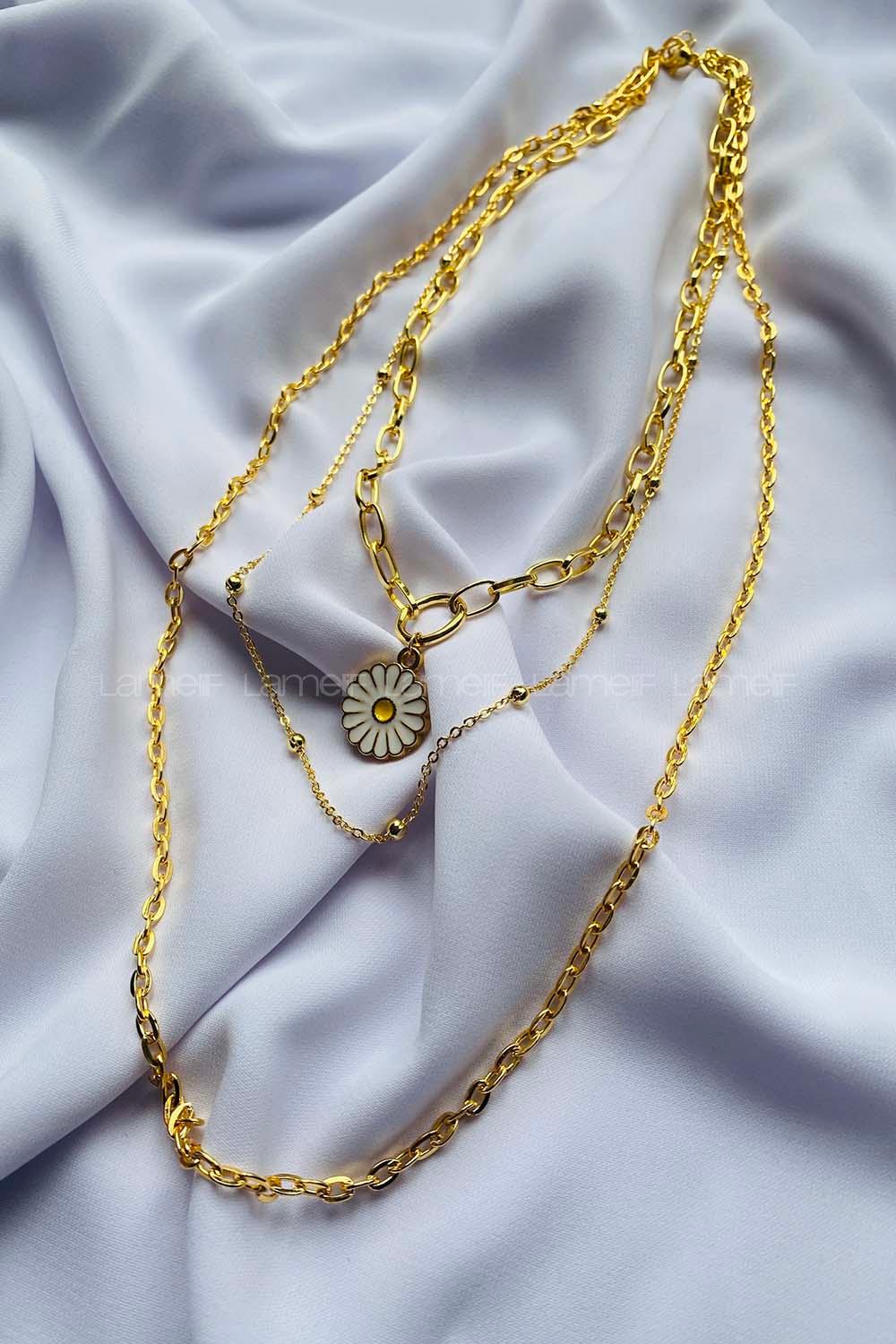 Modalamelif Gold 3lü Zincir Papatya Kolye