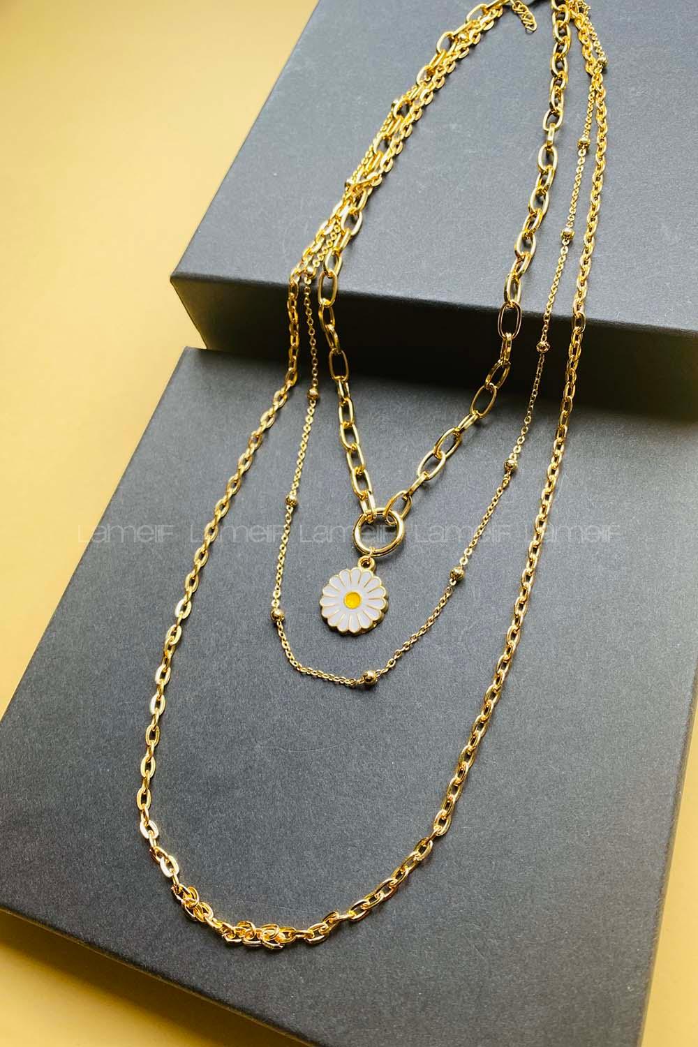 Modalamelif Gold 3lü Zincir Papatya Kolye