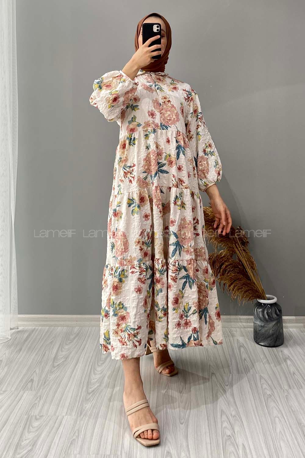 Modalamelif Gömlek Yaka Çiçek Desenli Elbise Ekru