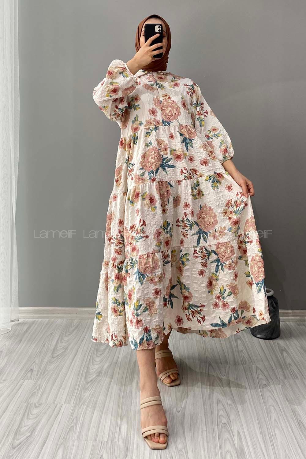 Modalamelif Gömlek Yaka Çiçek Desenli Elbise Ekru