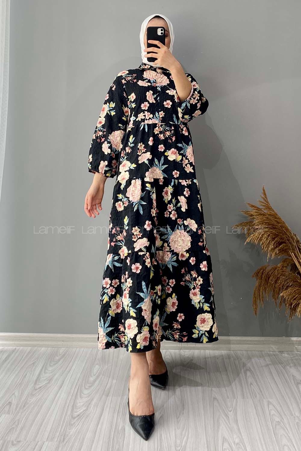 Modalamelif Gömlek Yaka Çiçek Desenli Elbise Siyah