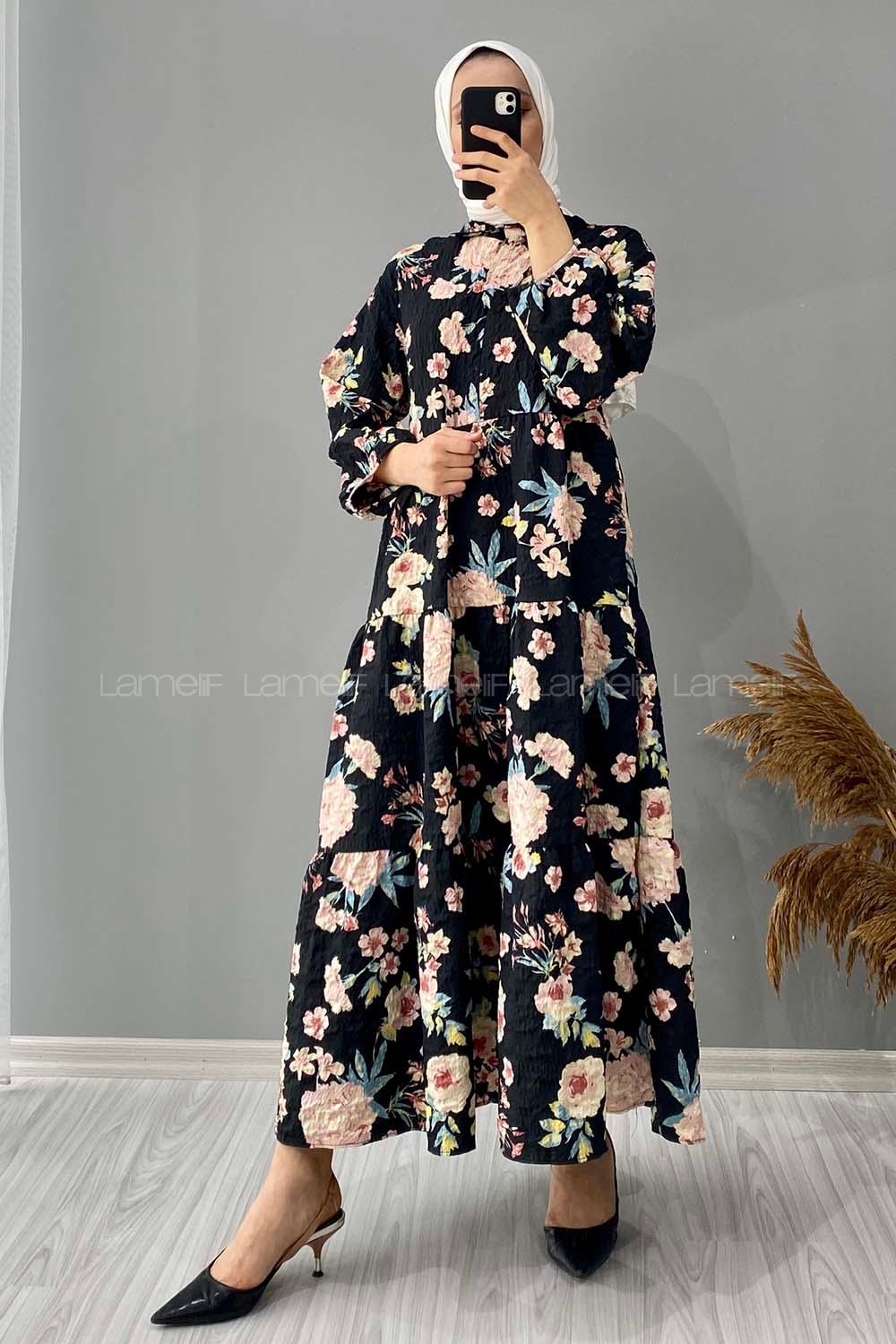 Modalamelif Gömlek Yaka Çiçek Desenli Elbise Siyah