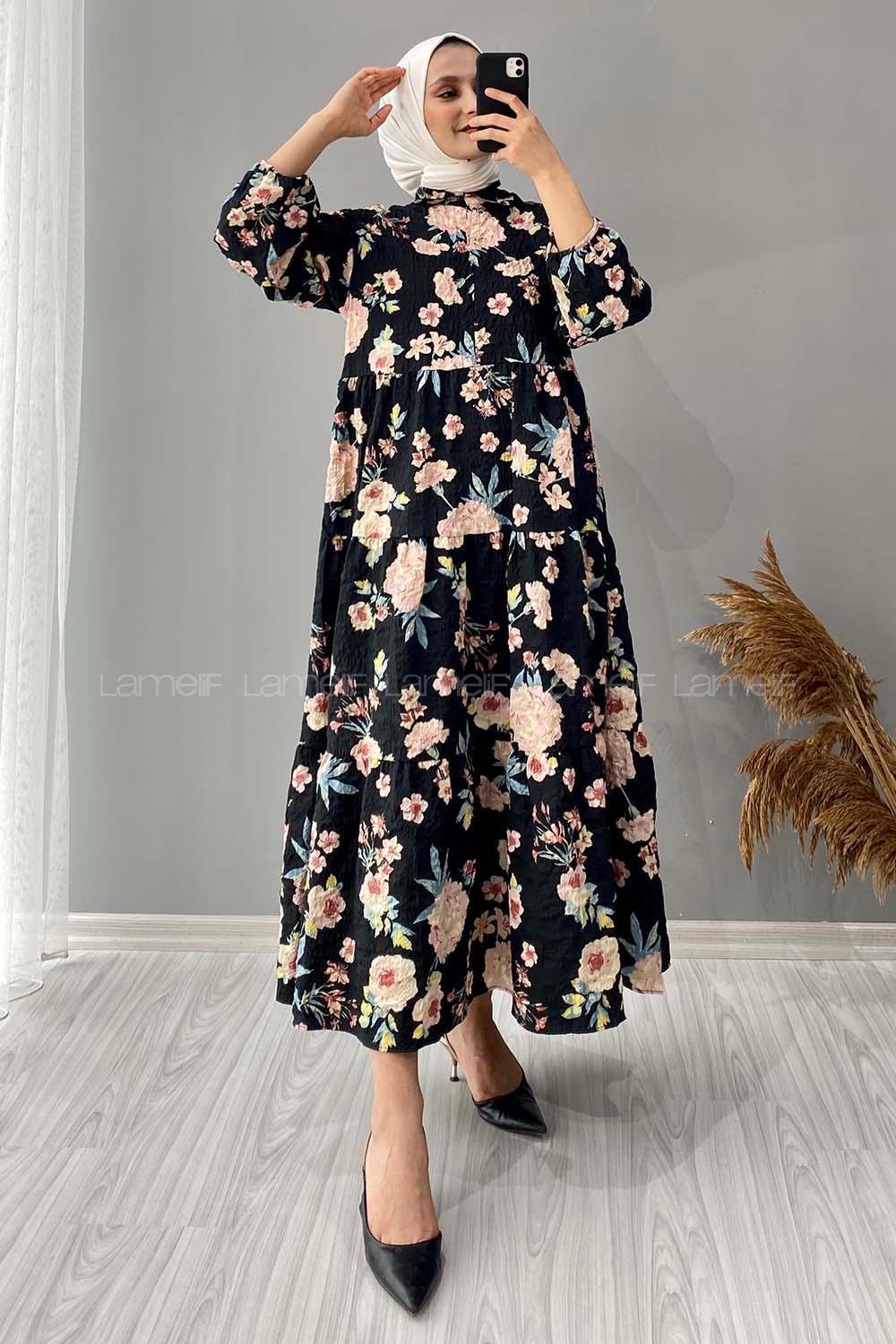 Modalamelif Gömlek Yaka Çiçek Desenli Elbise Siyah