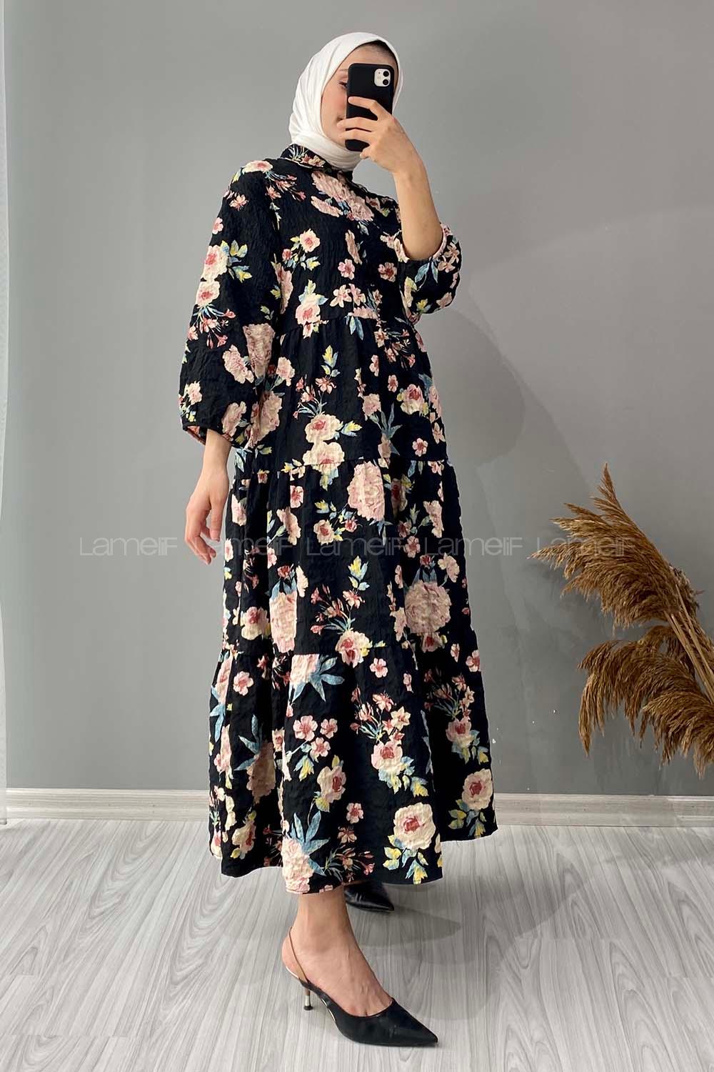 Modalamelif Gömlek Yaka Çiçek Desenli Elbise Siyah