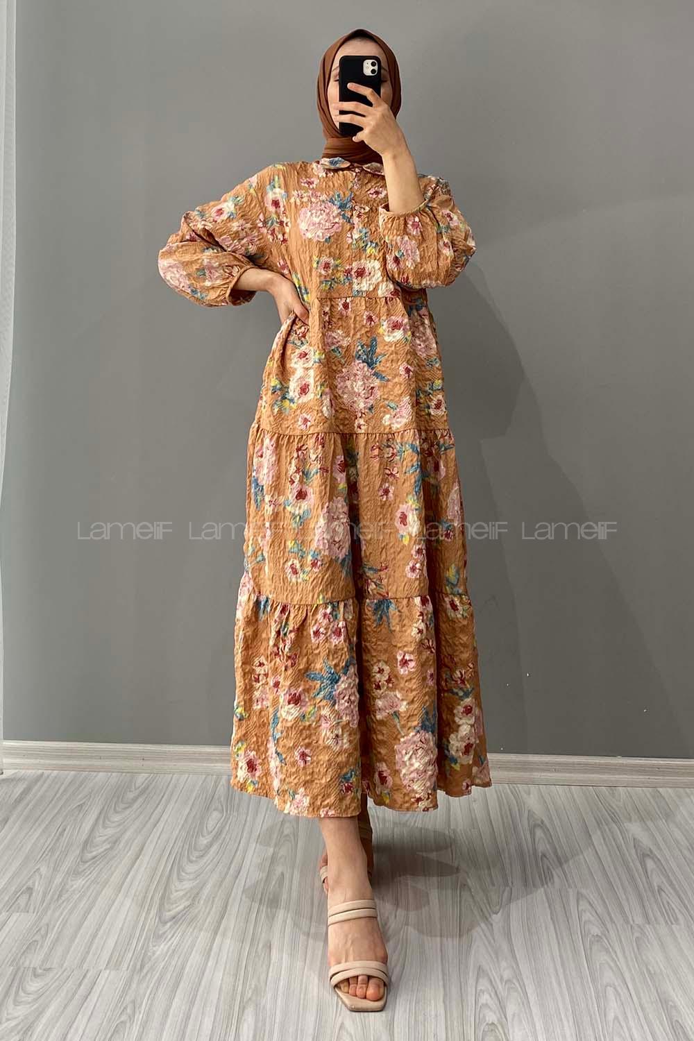 Modalamelif Gömlek Yaka Çiçek Desenli Elbise Sütlü Kahve
