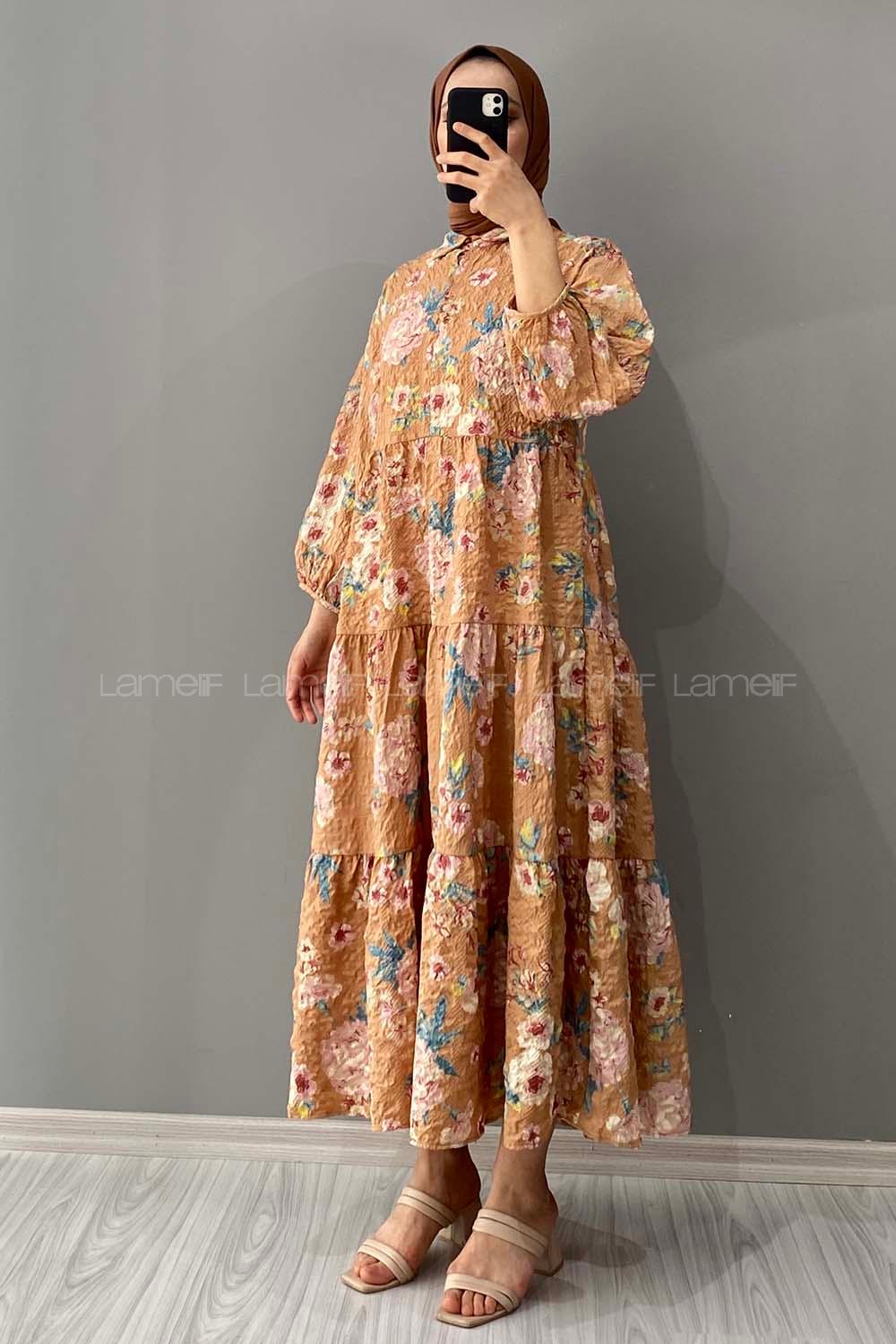 Modalamelif Gömlek Yaka Çiçek Desenli Elbise Sütlü Kahve