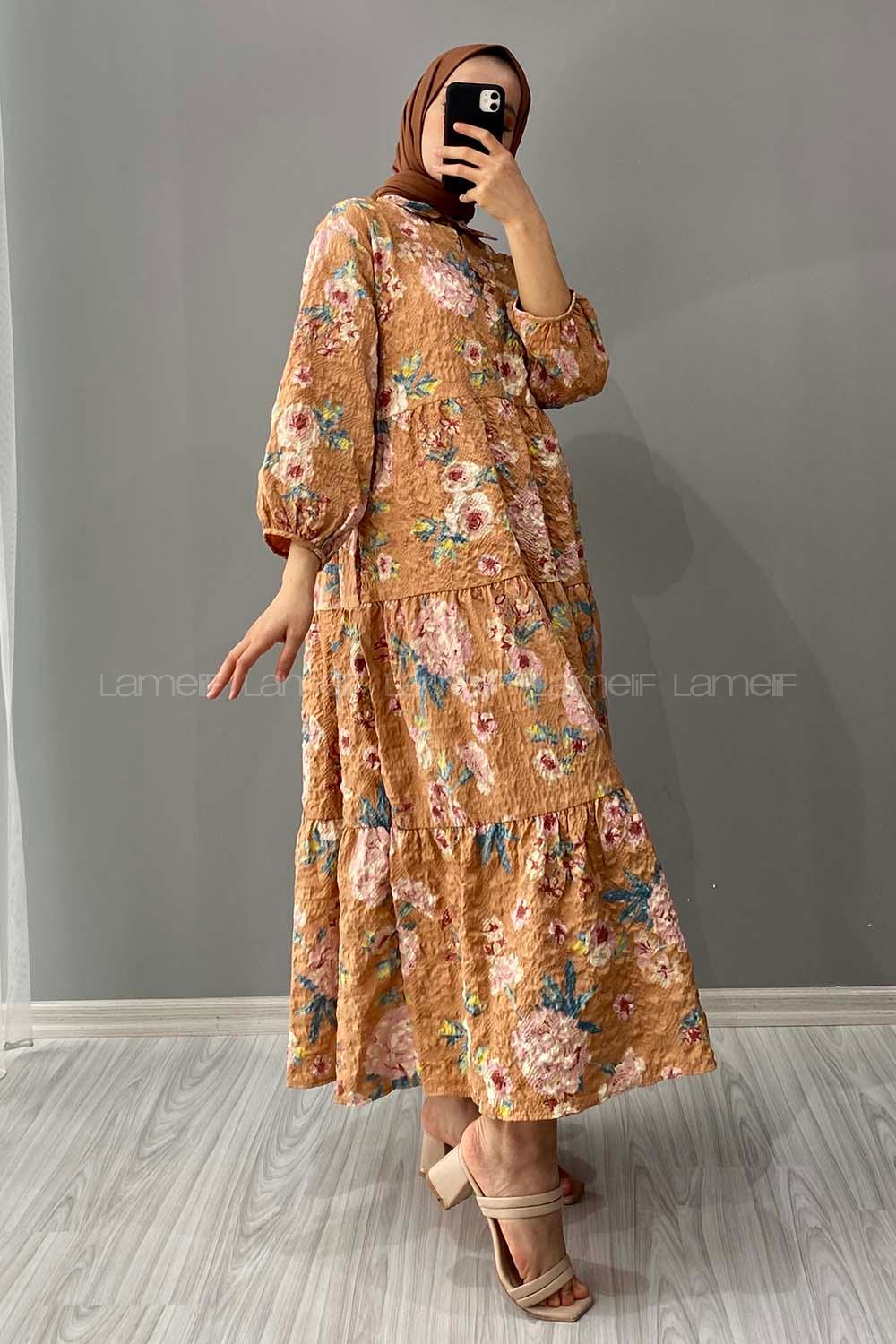 Modalamelif Gömlek Yaka Çiçek Desenli Elbise Sütlü Kahve